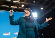 Rep. Haley Stevens speaking during a primary watch party in Detroit.