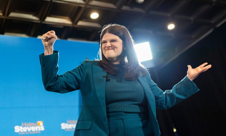 Rep. Haley Stevens speaking during a primary watch party in Detroit.