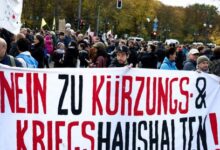 Demonstrators holding a banner reading No to austerity and war budgets in Berlin