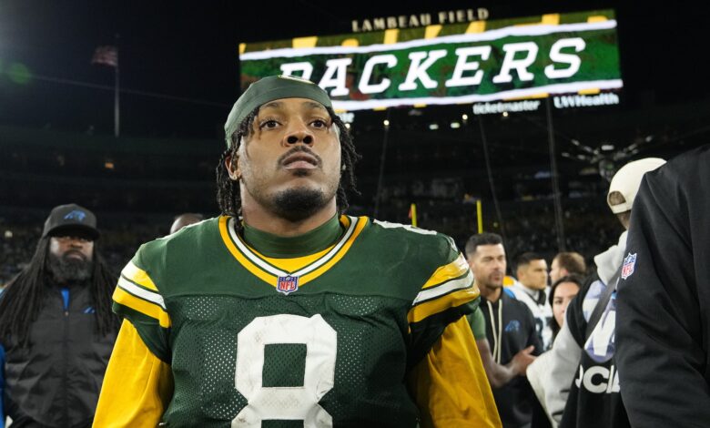 Green Bay Packers running back Josh Jacobs on the field during a game at Lambeau Field.